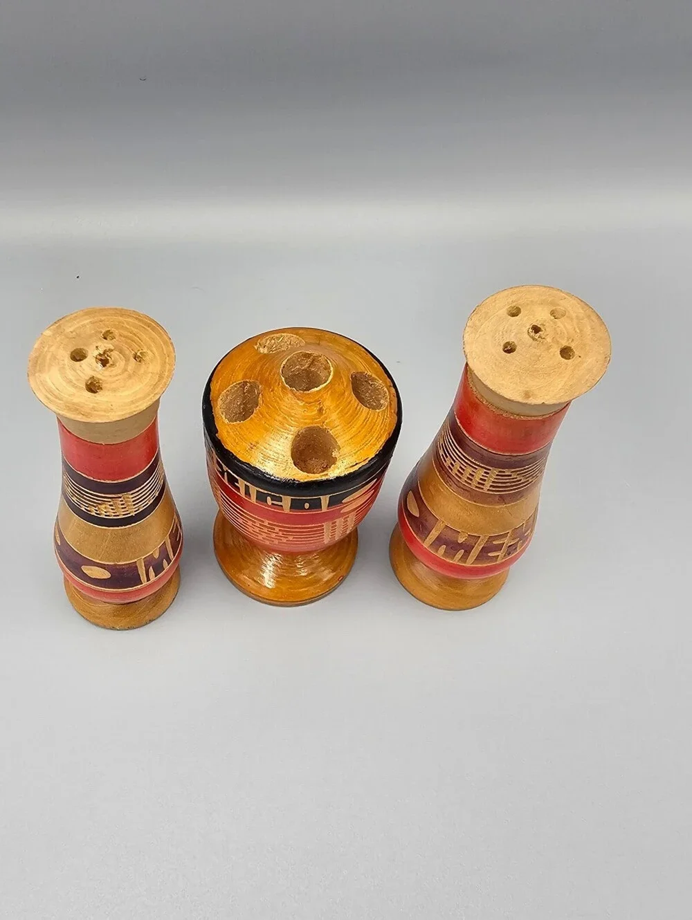 Vintage Handcrafted Wooden Salt and Pepper Shakers with Matching Holder